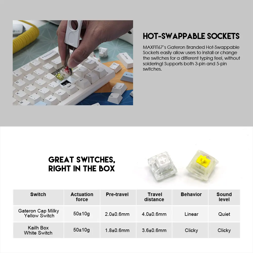 fantech maxfit67 bluetooth wireless hot swap keyboard pbt dye sub keycaps rgb wired knob encoder kailh box gateron milky yellow free global shipping