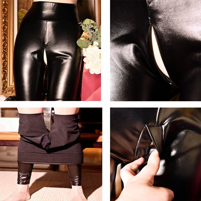 Overalls Invisible Open-Seat Pants Outdoor Sex Convenient Fashion Leather Pants Women's Pu Shorts High Waist Loose Cropped Pants