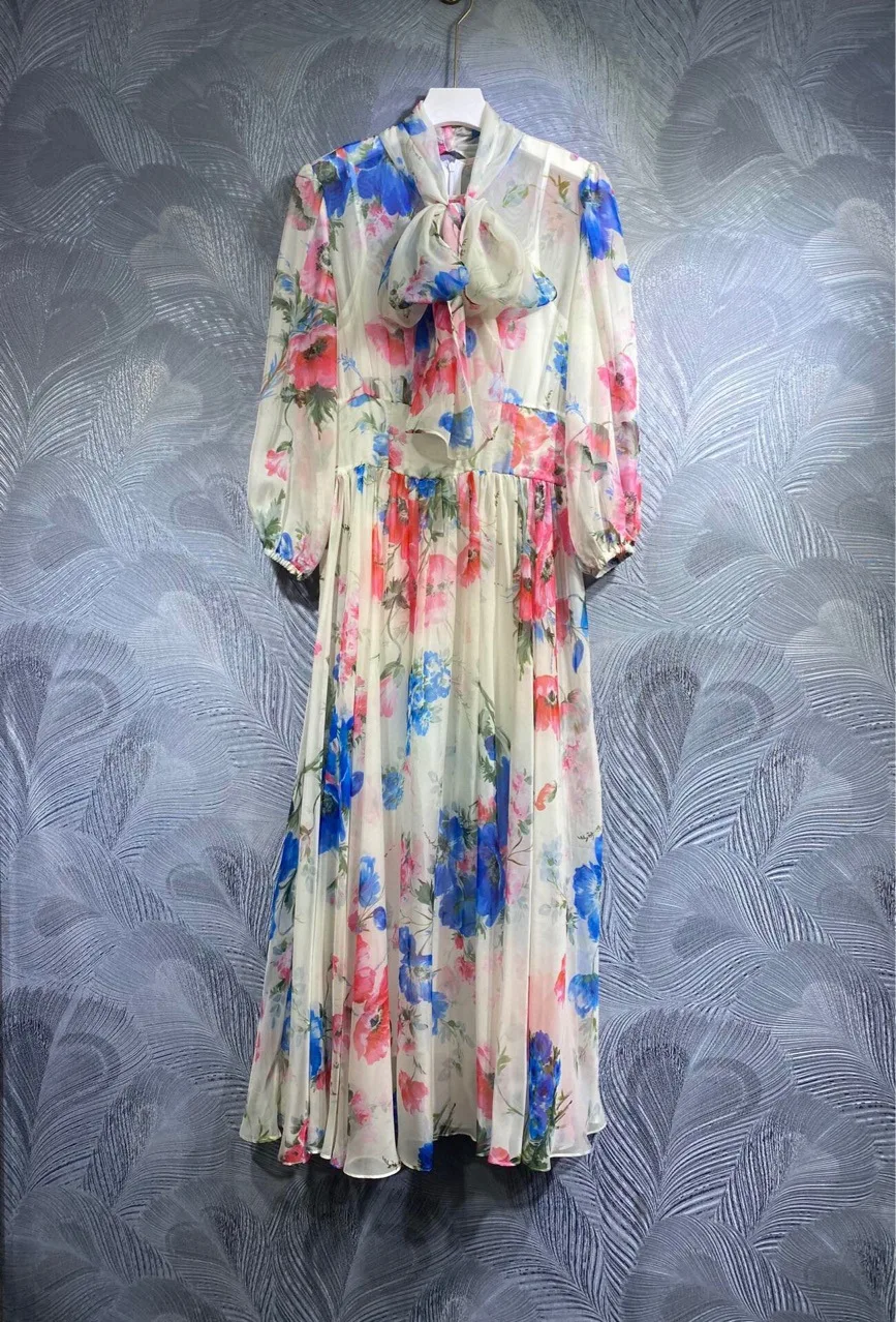 2023 Spring Summer Runways Chic Women's High Quality Bowtie Floral Print Chiffon Dress C065
