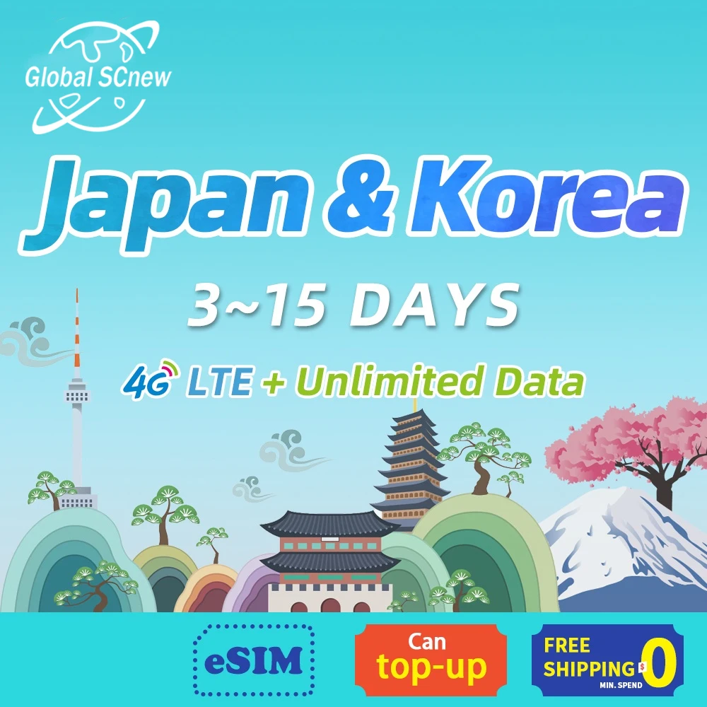 

Japan Korea SIM card 3~15 Days unlimited data 4G High Speed Support eSIM High speed for travel