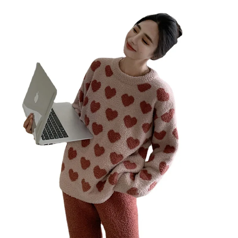 Autumn Winter New Warm coral fleece Women Pajamas Set Long-sleeved Trousers Two-piece Set Cute Soft Home Wear Clothes for Women