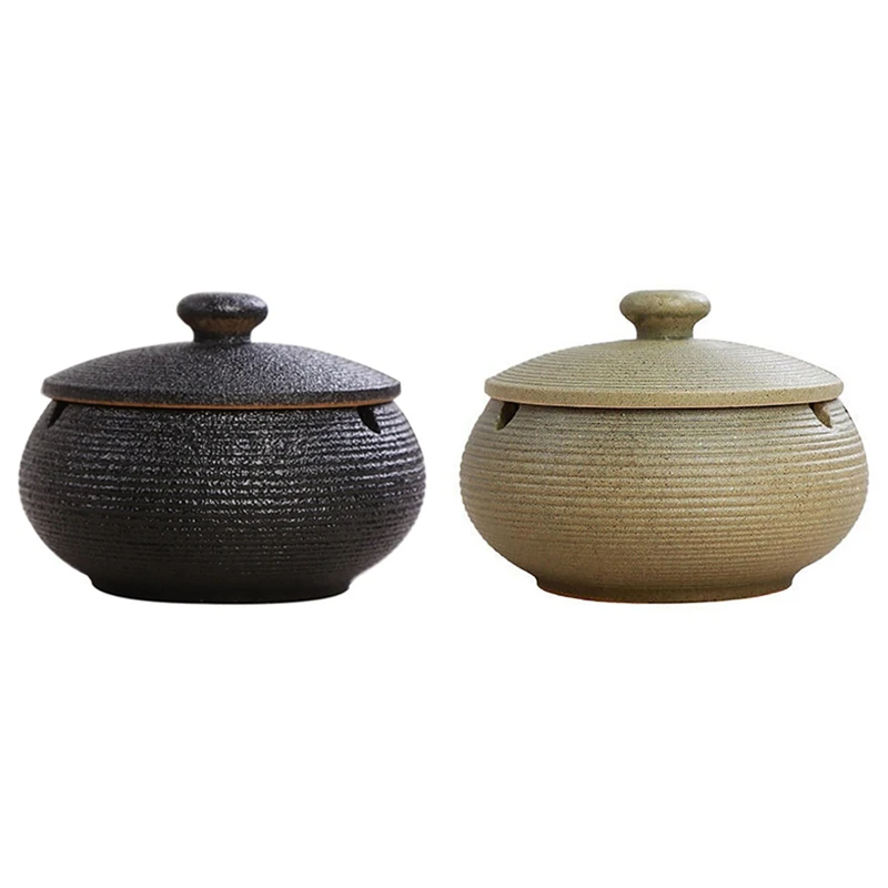 

2 Pcs Ceramic Ashtray With Windproof Lid For Indoor Outdoor Use, Black & Green
