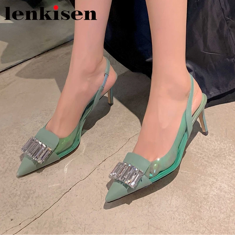 Lenkisen Genuine Leather Pointed Toe Thin High Heels Slingbacks Rhinestone Decoration Beauty Lady Party Fashion Women Pumps L62