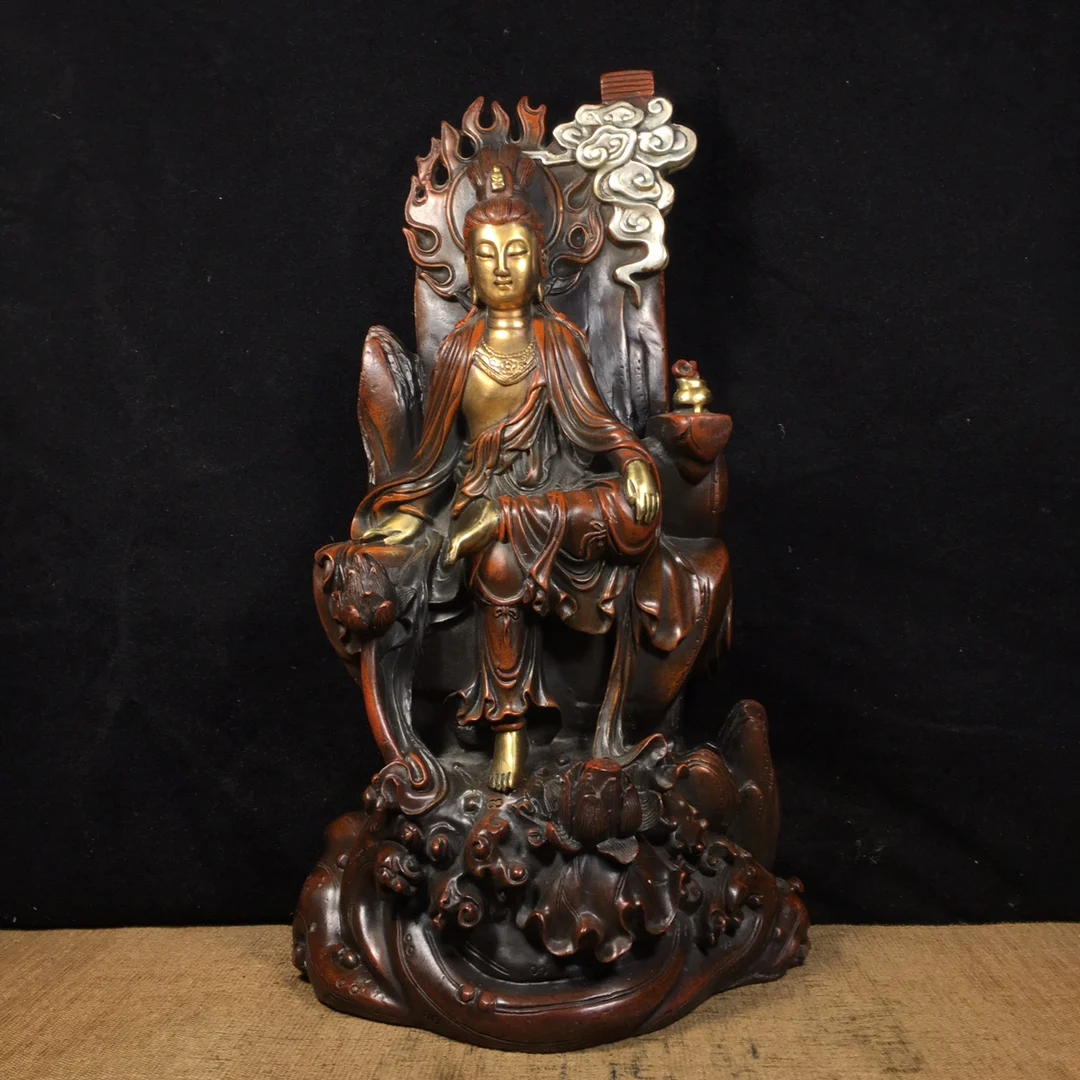 

13" Tibetan Temple Collection Old Bronze Gilt real gold silver comfortable Guanyin Bodhisattva Buddha Terrace worship hall