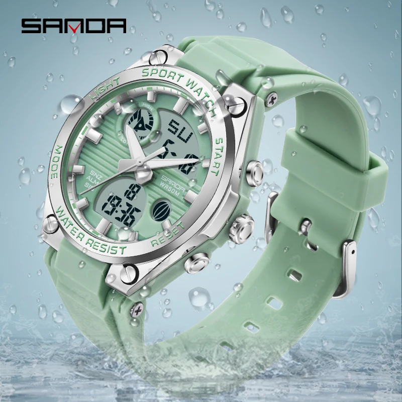 SANDA Women Luminous LED Dual Display Sports Electronic Watch Watch 50M Waterproof Wear Resistant Fashion Gold Plated Case 6067 enlarge