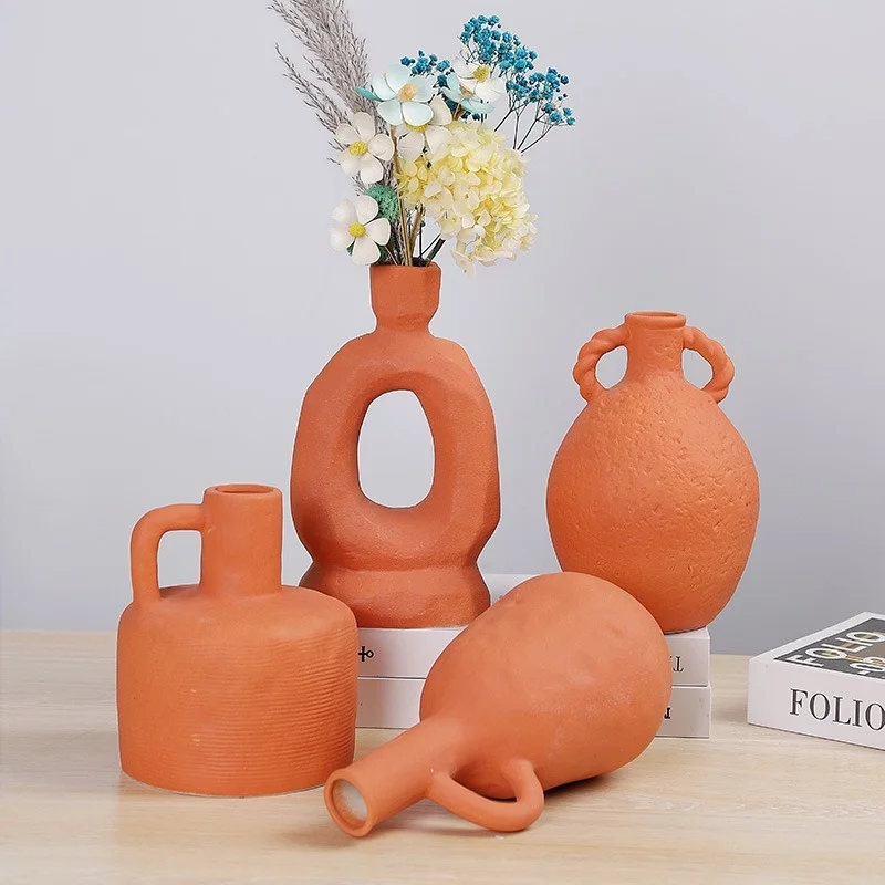 

Modern Orange Special-shaped Vase Flower Arrangement Dried Flower Decoration Solid Color Porcelain Hollow Vase Crafts Decoration