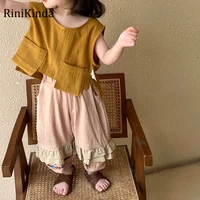 rinikinda summer kid girl causal all match sleeveless tops children boy solid color simple slub cotton thin t shirt