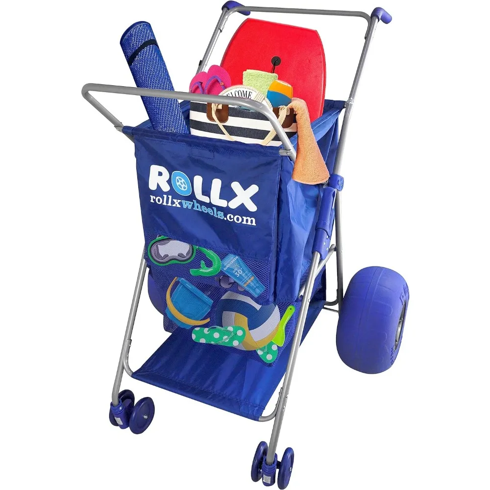 

RollX Big Balloon Wheel Beach Cart for Sand, Blue Foldable Storage Wagon with Big 13 Inch Beach Tires (Pump Included)