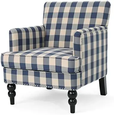 

Tufted Fabric Club Chair, Blue Checkerboard, Dark Brown, 32D x 28.75W x 34.5H in