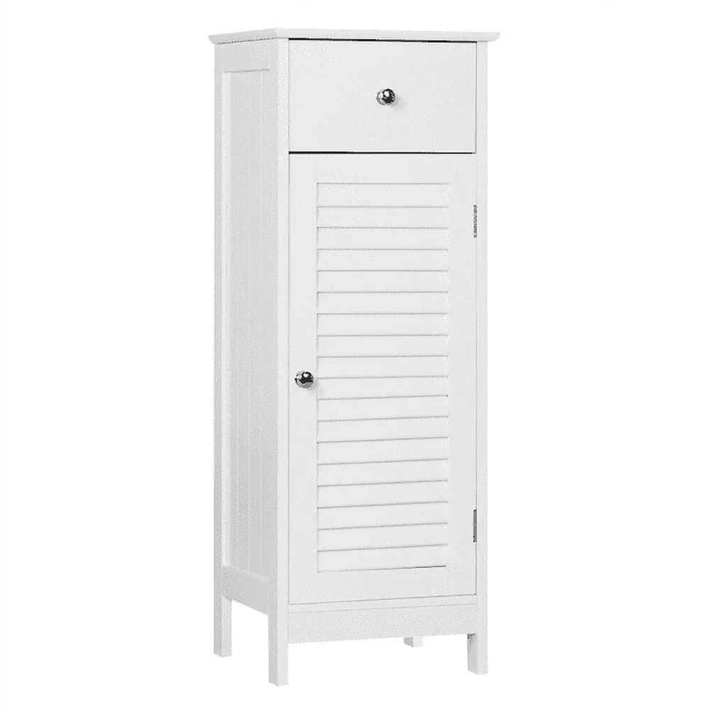 

Деревянный напольный шкаф с выдвижным ящиком и одной задвижной дверцей для ванной и гостиной, белый