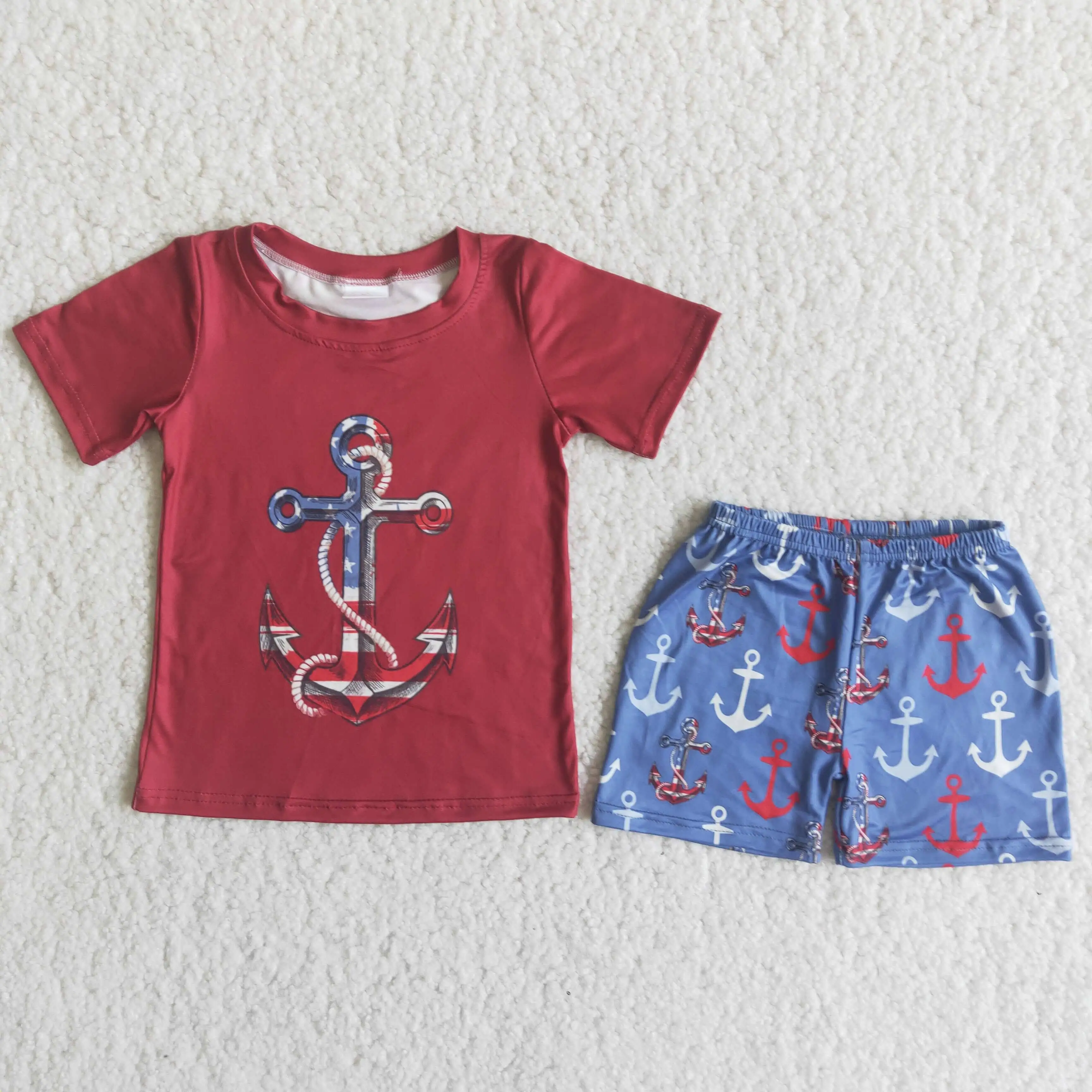 

Flag Anchor July 4th Kids Clothes Wholesale Summer Baby Boy Short Sleeve Shorts 2 pc sets