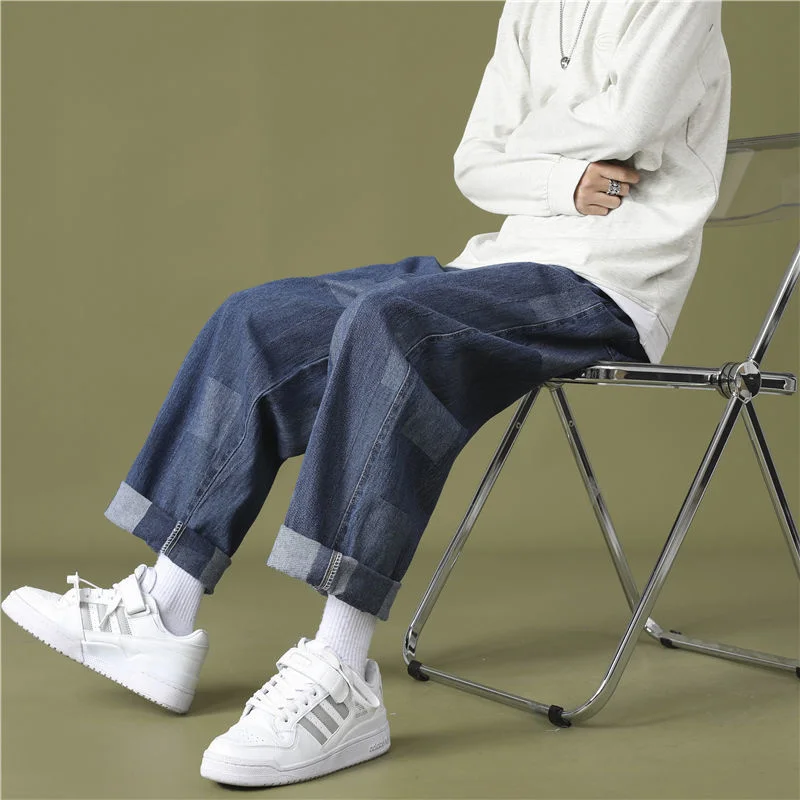 Summer Blue Baggy Jeans Men Fashion Retro Plaid Jeans Men Streetwear Hip Hop Loose Straight Denim Pants Mens Trousers M-2XL