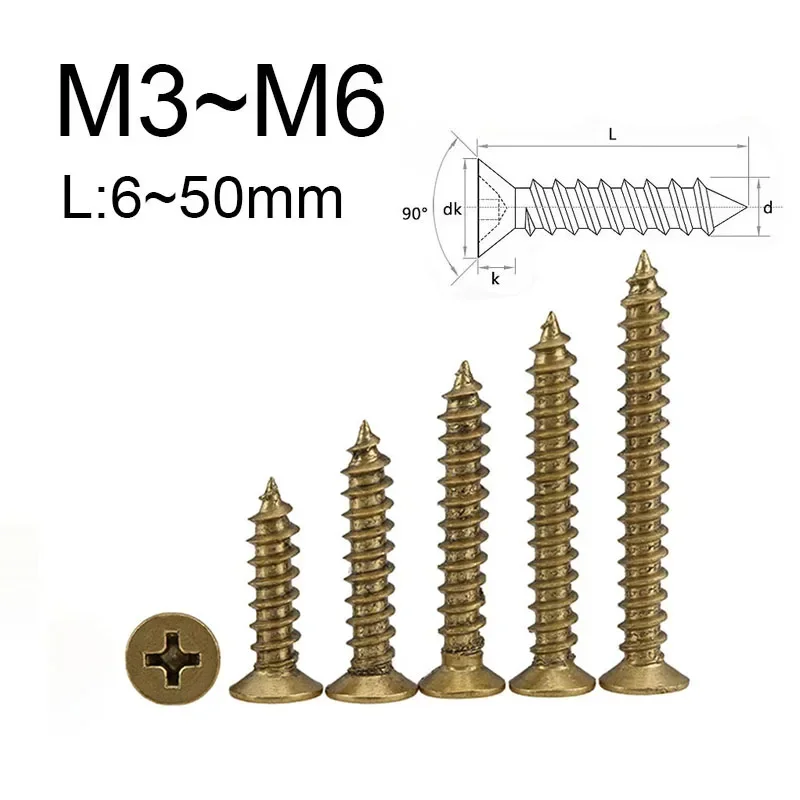 3 ~ 20 шт латунные саморезы с потайной головкой Phillips M3 M3.5 M4 M5 M6 длина винта по дереву: