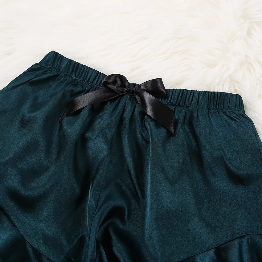 Green Color Soft Silky Satin Women Pajamas Summer Breathable Fashion Sleepwear Homewear Round Neck 2pcs Set Pijamas For Lady