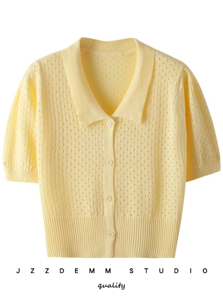 

French Top Women Knitted Sweater Cardigan 2022 Summer Solid Polo Lapel Short Sleeve T-shirt Hole Air Conditioning Shirt Blouse