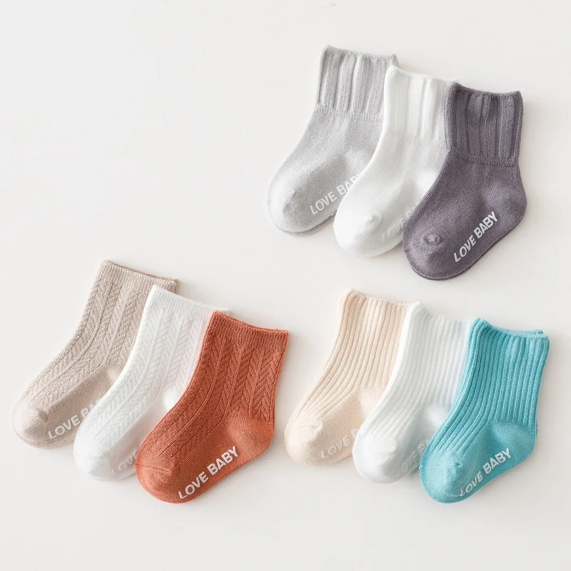 

3 Pairs Baby Sock Spring Autumn Non-slip Calf Sock for Kids Boys Girls Solid Striped Combed Cotton Sock 0-5Y Kids Clothes Stuff
