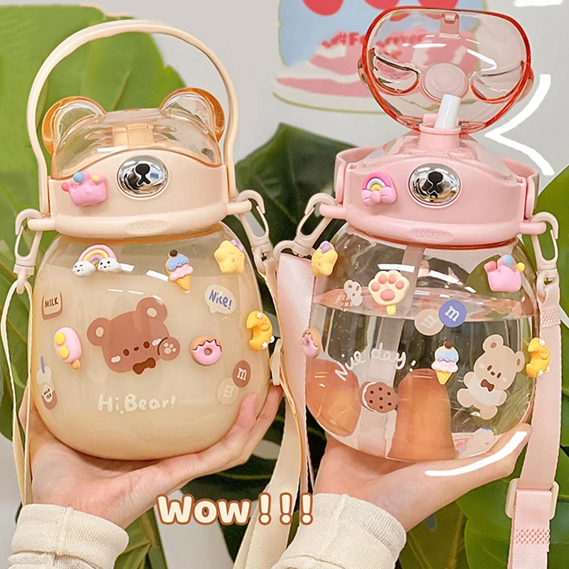 

Kawaii Water Bottle For Girls Cute Straw Cup With Strap 1.3L Large Capacity Mug BPA Free Travel Tumbler Portable Drinking Kettle