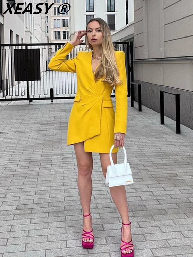 XEASY Summer Dresses For Women 2022 Vintage Mini Suit  DressLong Sleeve Dress Yellow Women's Clothing