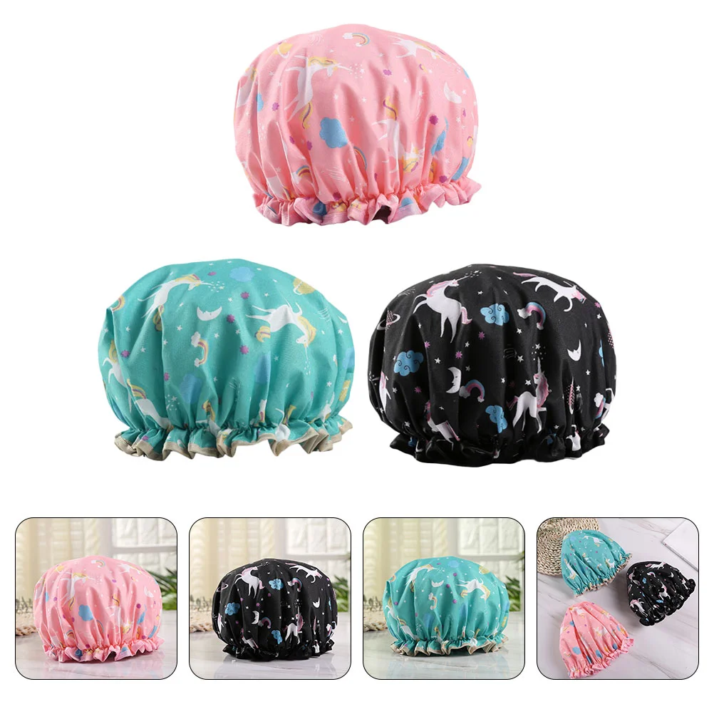 

3Pcs Female Bathroom Bathing Hat Delicate Printed Shower Hat Chic Stretchy Hat