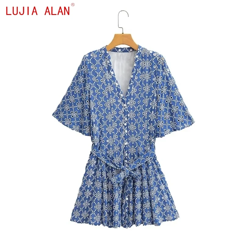 

Autumn New Women's Hollow Embroidered Belt Mini Dress Female Casual V-neck Short Sleeved Loose Vestidos LUJIA ALAN WD3161