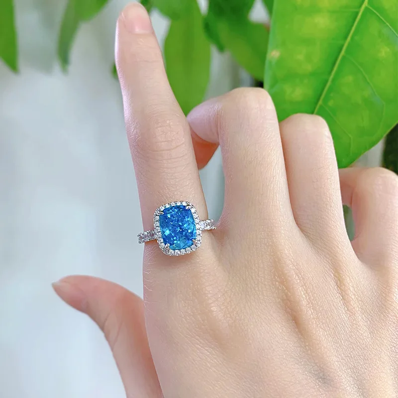 

New 2021 sea blue high carbon diamond ring whole body s925 inlaid 8*10 European and American style light luxury women's ring