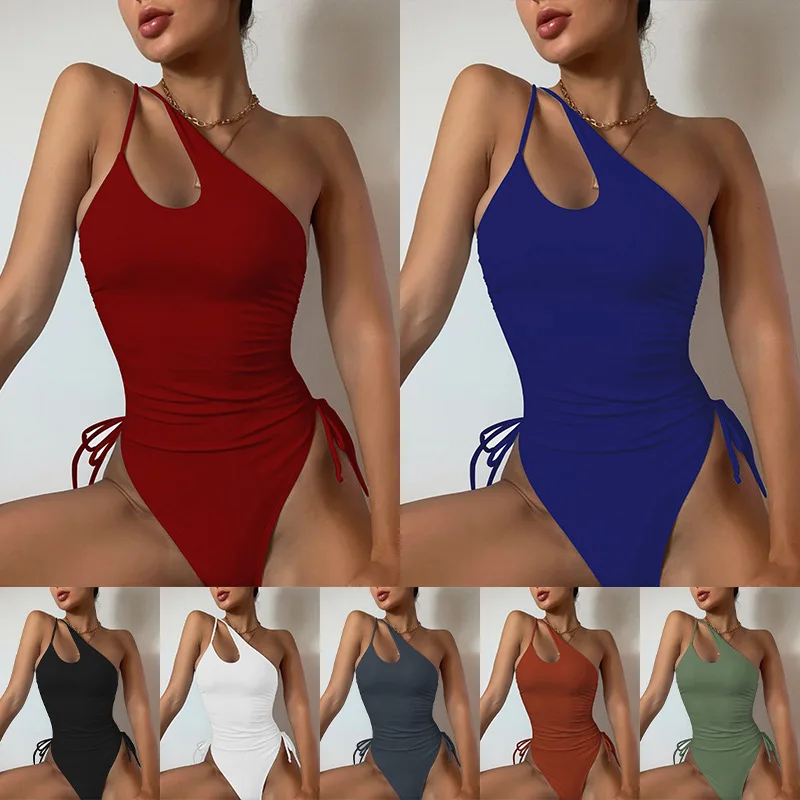 2022New Sexy Backless Spaghetti Straps Single-Shoulder One-Piece Swimming Suit Solid Color Triangle High Waist Swimsuitbikini