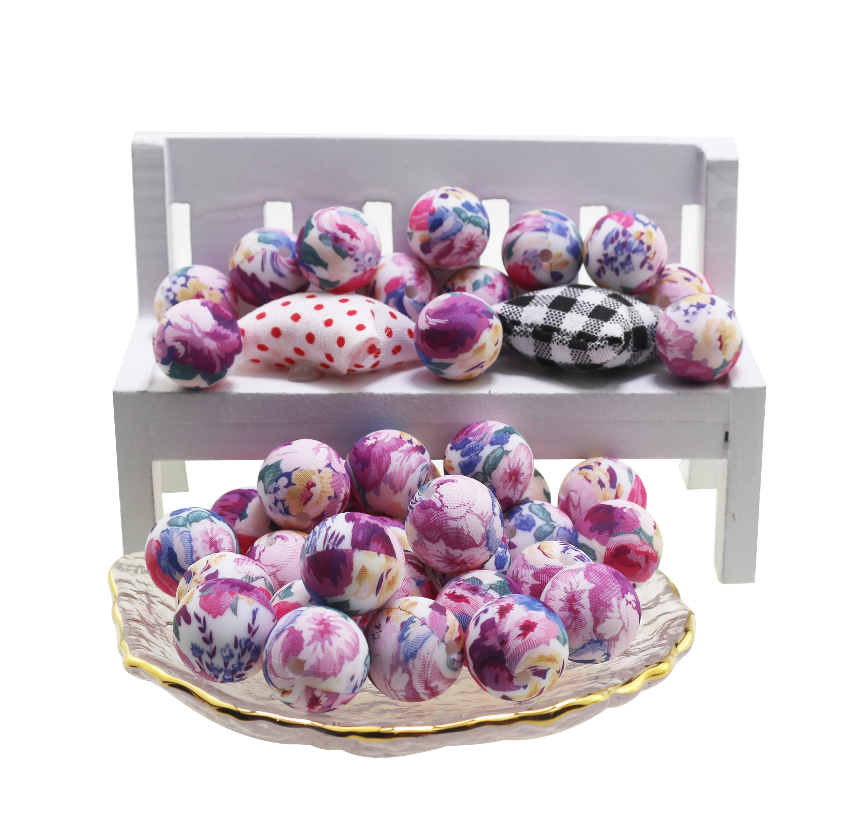 

50 шт., силиконовые бусины с цветочным принтом, 15 мм