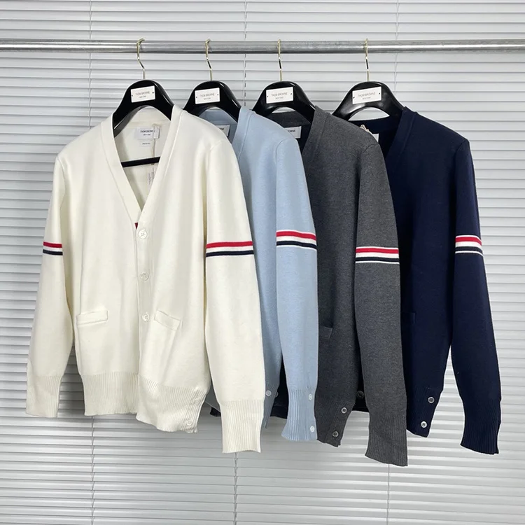 

2023 Fashion Luxury Brand TB Sweaters Men Women Slim Fit V-Neck Cardigans Clothing Striped Cotton Wool Autumn Winter Casual Coat