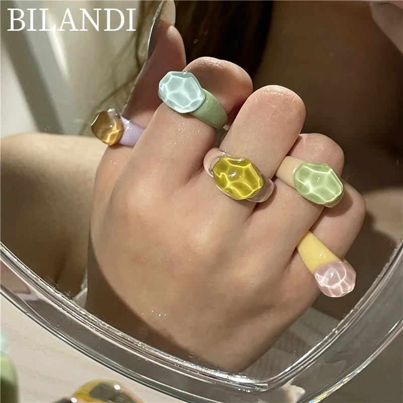 

Bilandi Women Jewelry Rings 2021 New Trend Sweet Design Hot Selling Geometric Irregular Resin Ring For Women Party Gifts