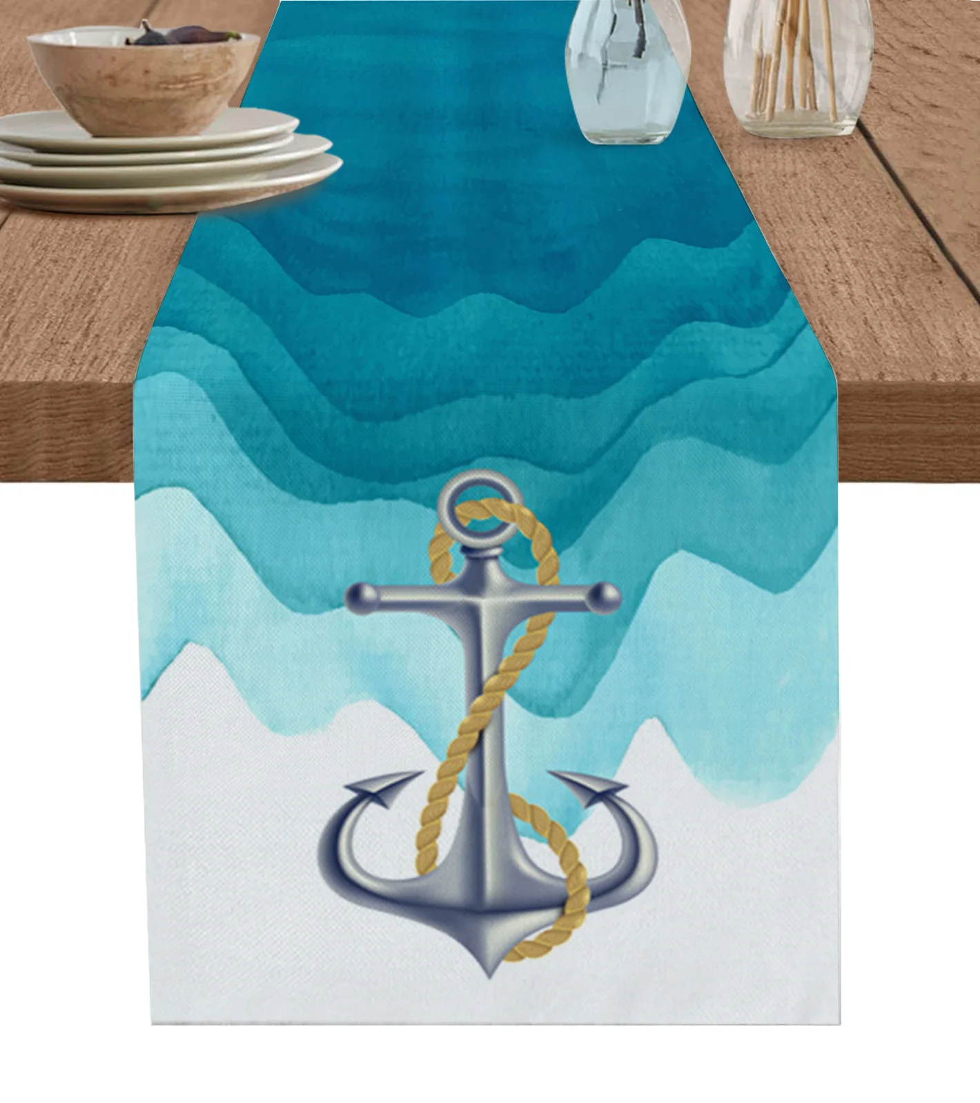 

Ocean Gradient Anchor Water Duck Green Table Runner for Dining Table Wedding Decor Tablecloth Home Party Decor Table Mats