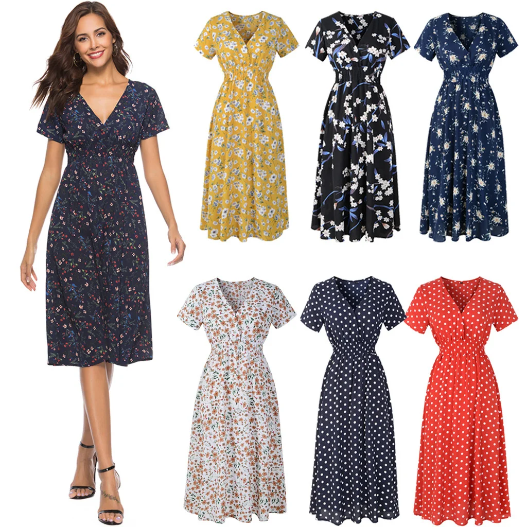 

Summer New Chiffon Beach Skirt Printed V-Neck Short Sleeve Dress Bohemian Skirt