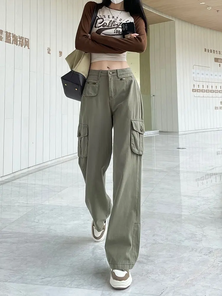 

Женские прямые брюки-карго Y2K с карманами, винтажные брюки в стиле Харадзюку 90-х с низкой талией, широкие мешковатые джинсы