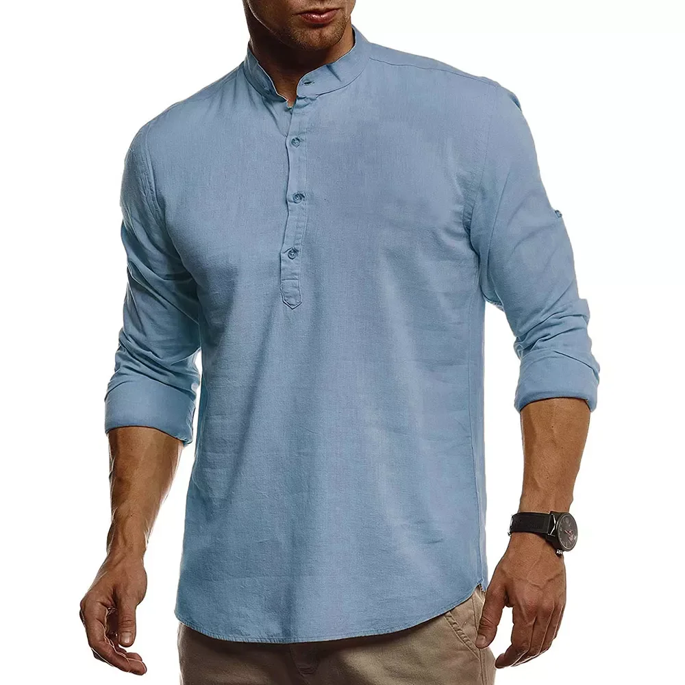 

2022 New Autumn New Men's Mandarin Collar Linen T shirts Male Solid Color Long Sleeve Linen Cotton T shirt Men Slim Fit Tops
