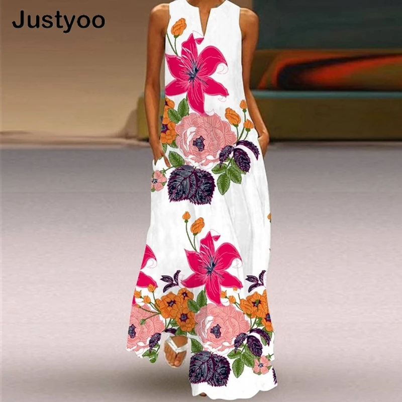 

Женское летнее платье без рукавов, белое пляжное повседневное элегантное дышащее длинное платье с V-образным вырезом и принтом в виде крупн...