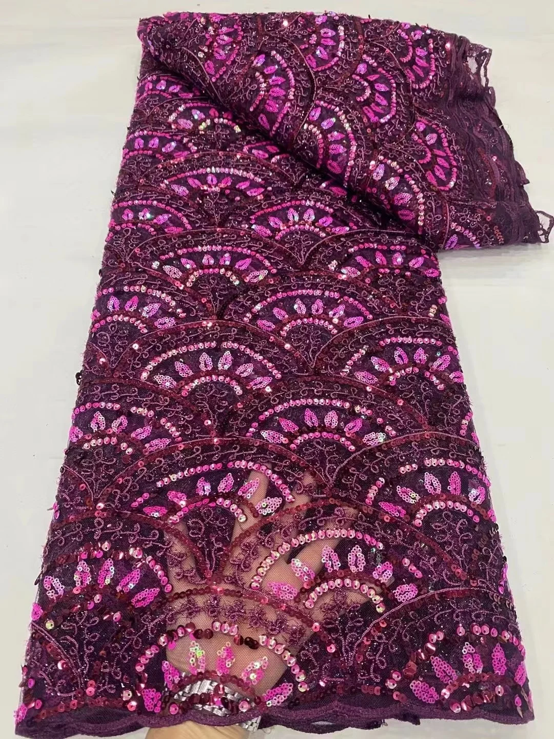 

African Fabric Lace High Quality Purple Lace Fabric Nigerian Tulle Embroidery Fabric Sequins for Sewing Wedding Dress Cord Laces