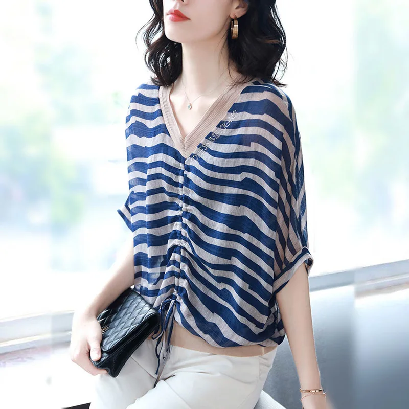 

Elegant V-Neck Printed Striped Shirring Bandage Loose Batwing Sleeve Blouse Summer Casual Tops Oversized Commute Women's Shirt