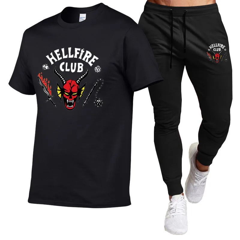 

Summer Stranger Things 4 Men's Sets Hellfire Club Print T-Shirt+Sweatpants Two Piece Set Casual Fitness Jogger Men's Tracksuit