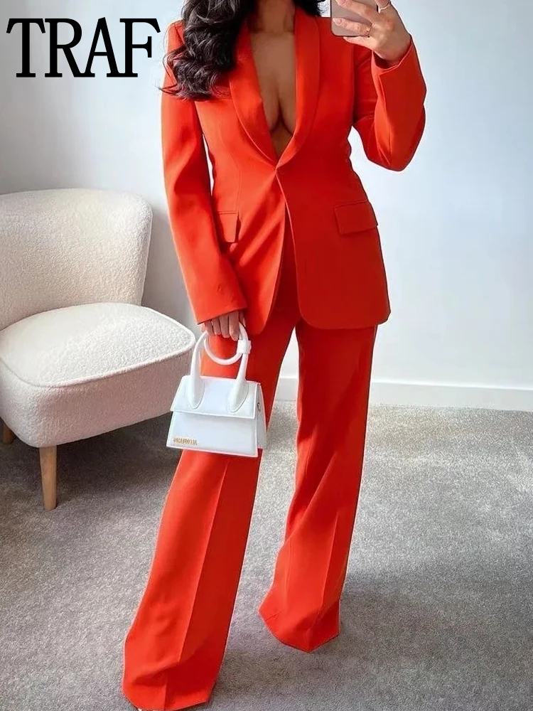 

TRAF 2022 Pants Sets Women's Orange High Waist Pants Women Casual Wide Leg Pants Korean Fashion Baggy Straight Leg Trousers