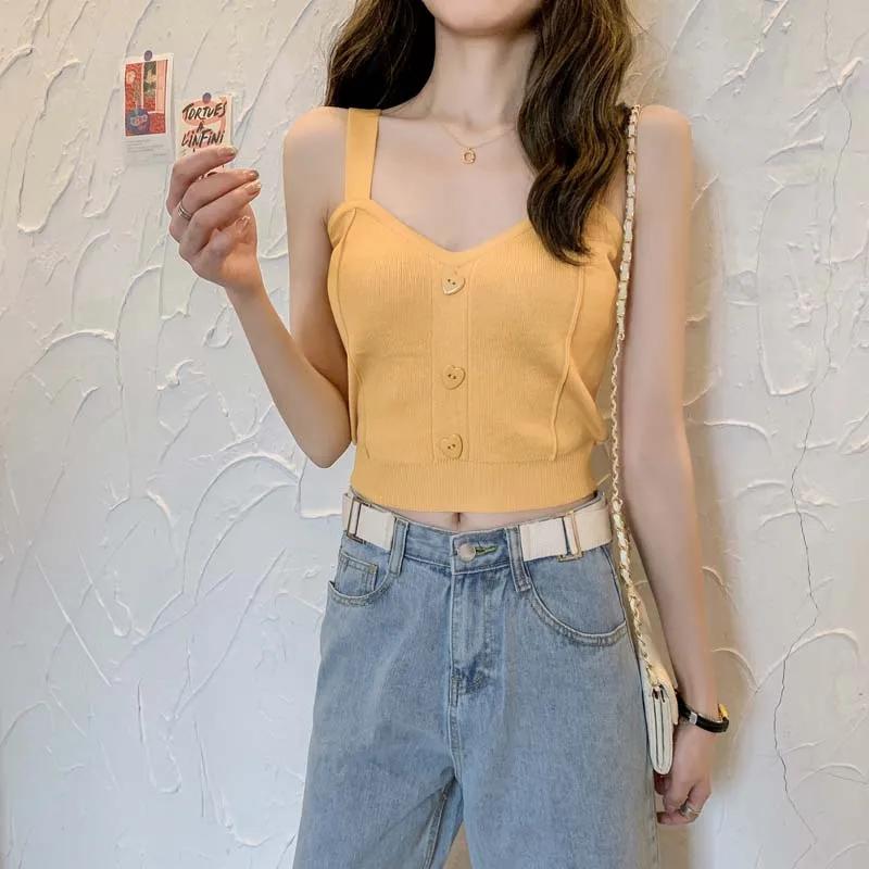 Boring Honey Single-Breasted Button V-Neck Chic Short Top Women Spring And Summer Sling Vest Knitting Fashion Clothes |