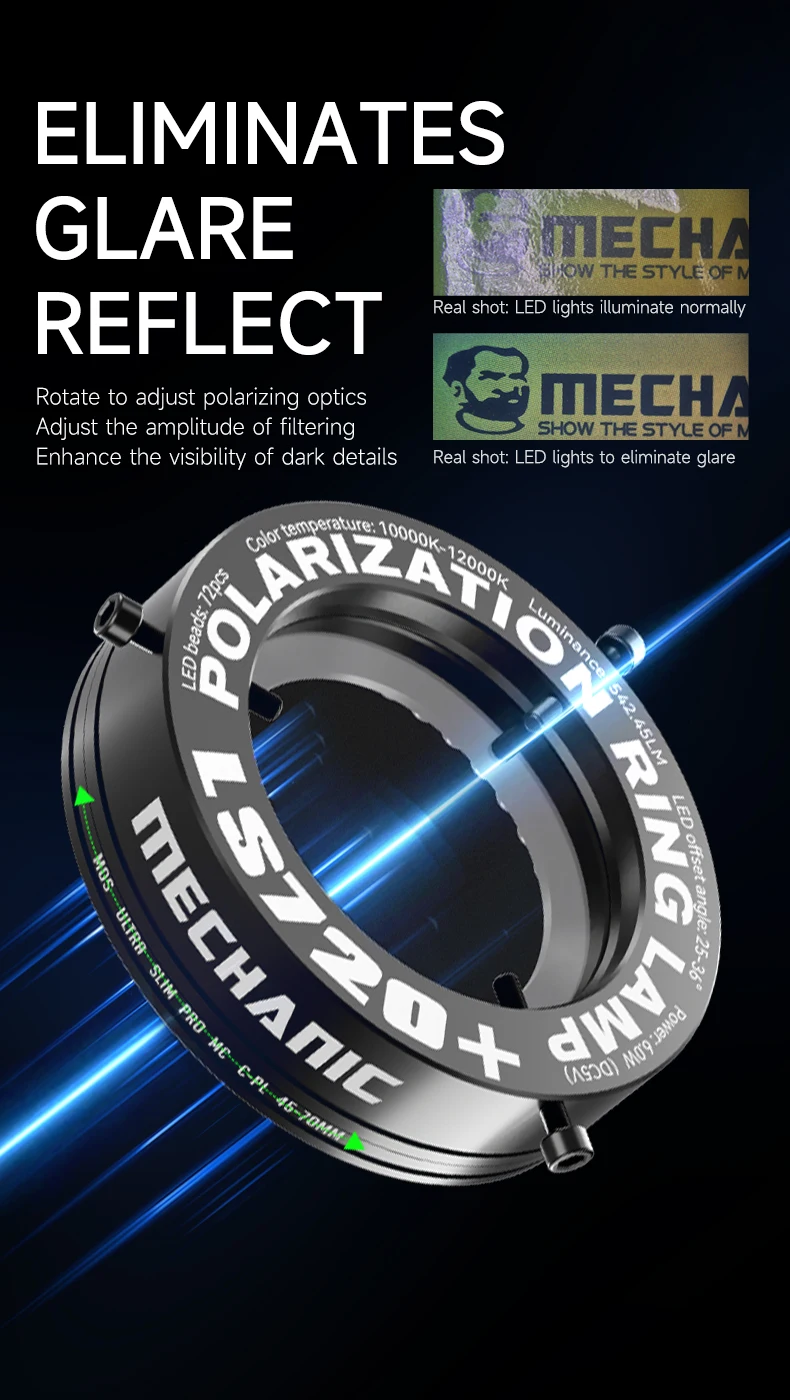 

Поляризованный светодиодный источник света Mechanic LS720, регулируемый, устраняет отражение, 72 шт., светодиодная кольцевая лампа для наблюдения за камерой микроскопа