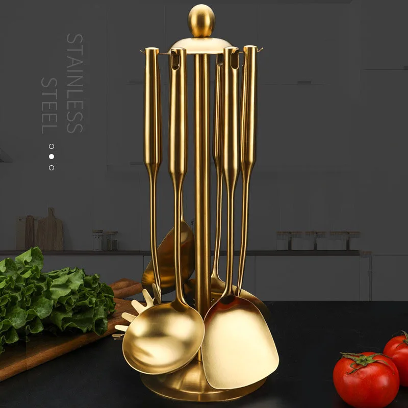 

7Pcs Stainless Steel Kitchenware Set Luxury Golden Cooking Spoon Spatula Soup Colander Spatula Accessories Home Kitchen Tools