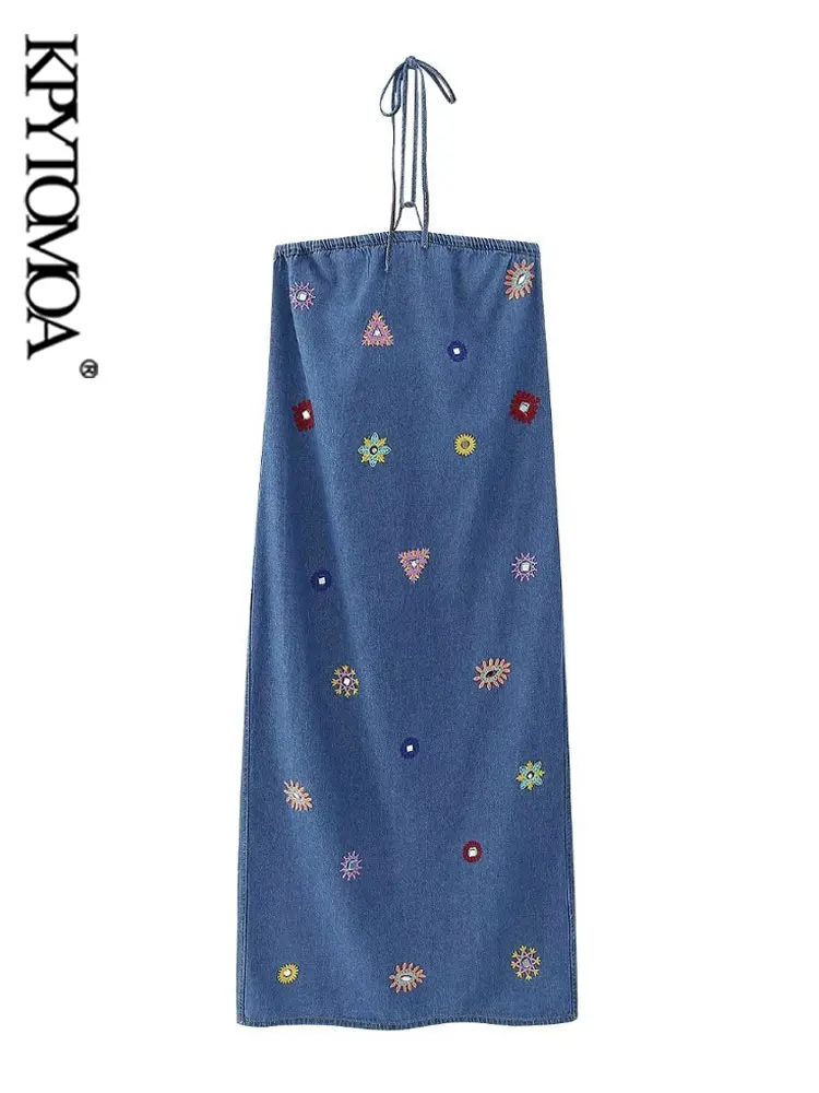 

KPYTOMOA женское модное контрастное вышитое джинсовое платье миди Винтажное с открытой спиной и разрезом на Подоле с тонкими бретельками