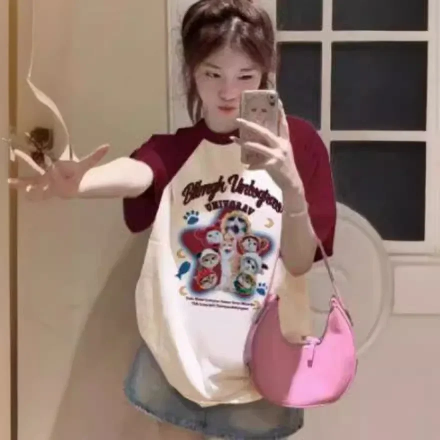 Женская хлопковая Футболка с принтом спереди коротким рукавом и круглым вырезом