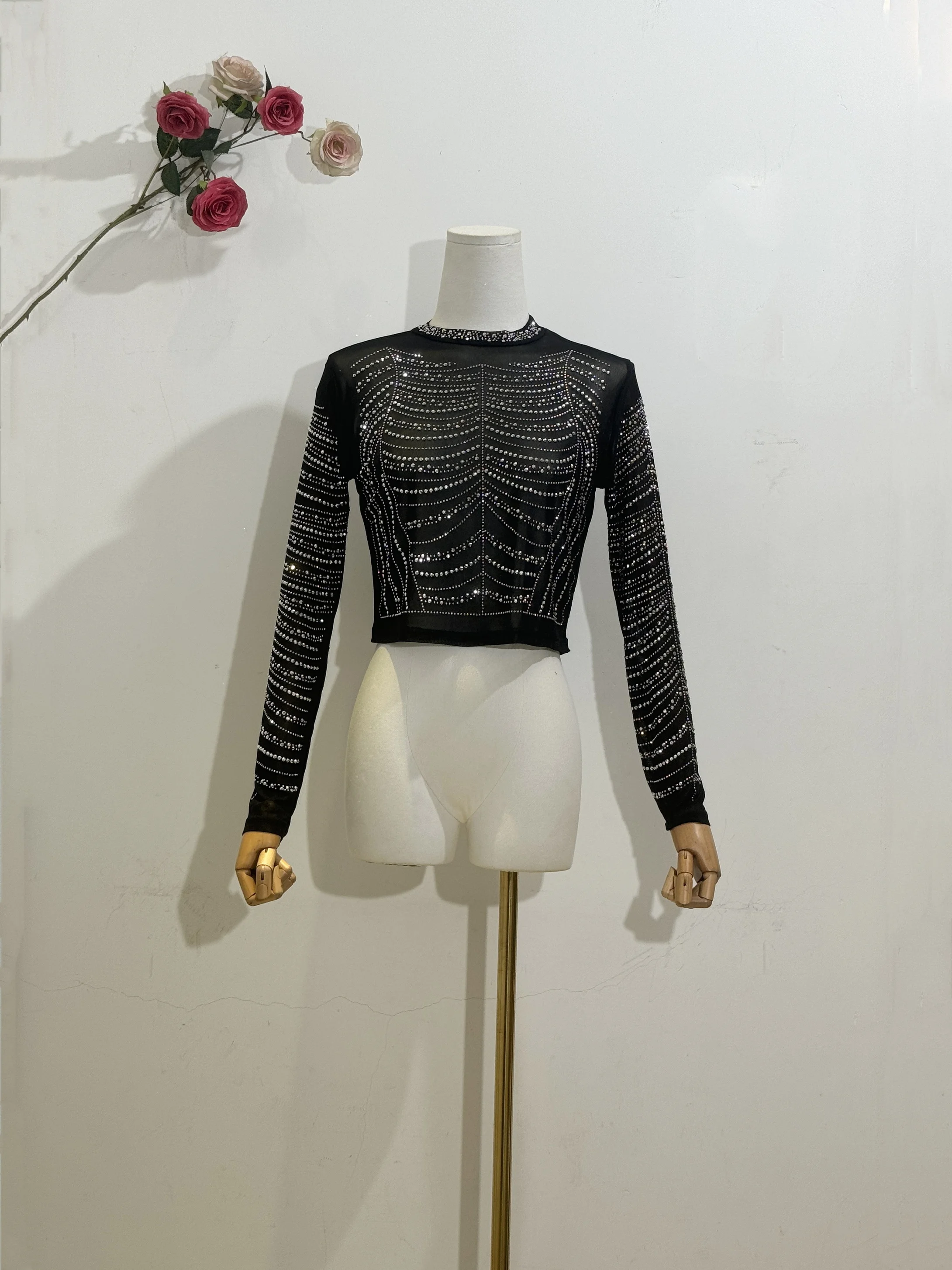 Женский праздничный Топ H80 &amp S90 Сетчатая футболка с круглым вырезом и длинным