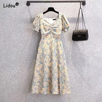 sweet young style v neck short sleeve fashion new summer a line skirt empire loose floral print dress womens clothing 2022