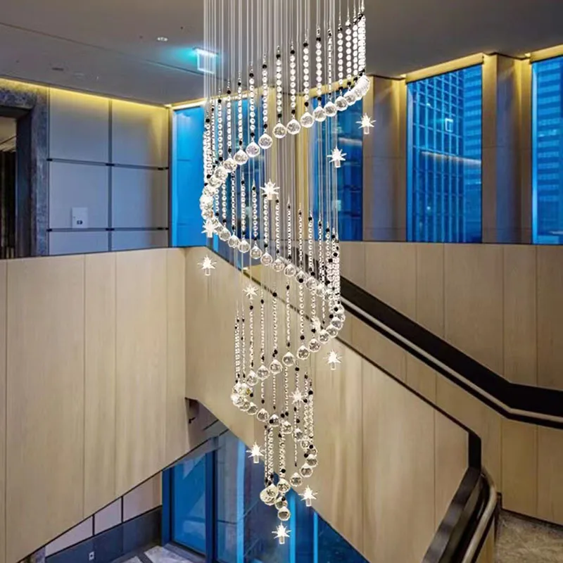 

Art Led Spiral Staircase Chandelier Crystal Villa Hall Living Stars Raindrop Design Loft Hang Lamp Home Decor Indoor Lighting