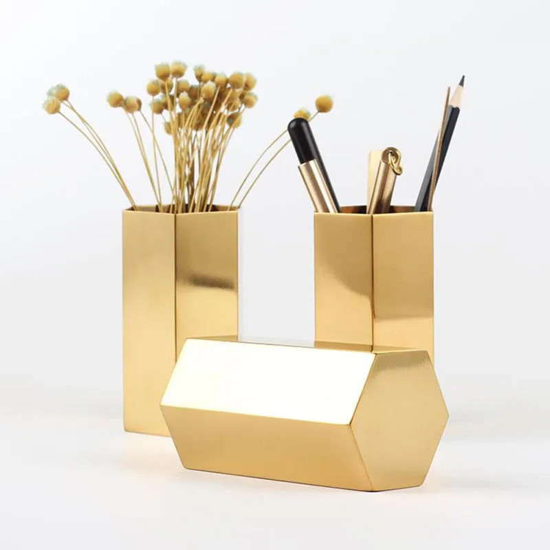 

Gold Brush Holder Vase Hexagonal Shape Diamond Makeup Brush Storage Box Organizer Golden Flower Vase Metal Table Decoration