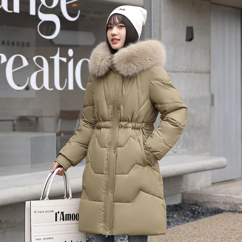 

2023 Fall and Winter Women's New Longer Down Cotton Jacket Big Hairy Collar Cotton Jacket Thickened Loose Casual Jacket Female