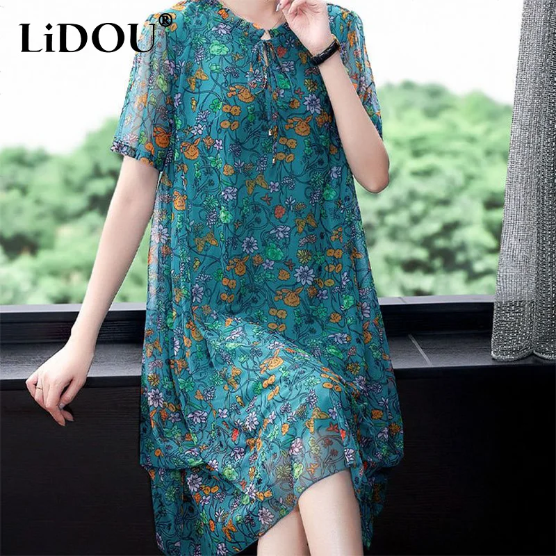 

Платье женское Сетчатое с коротким рукавом, свободное повседневное с цветочным принтом, на шнуровке, модная одежда большого размера, на лето