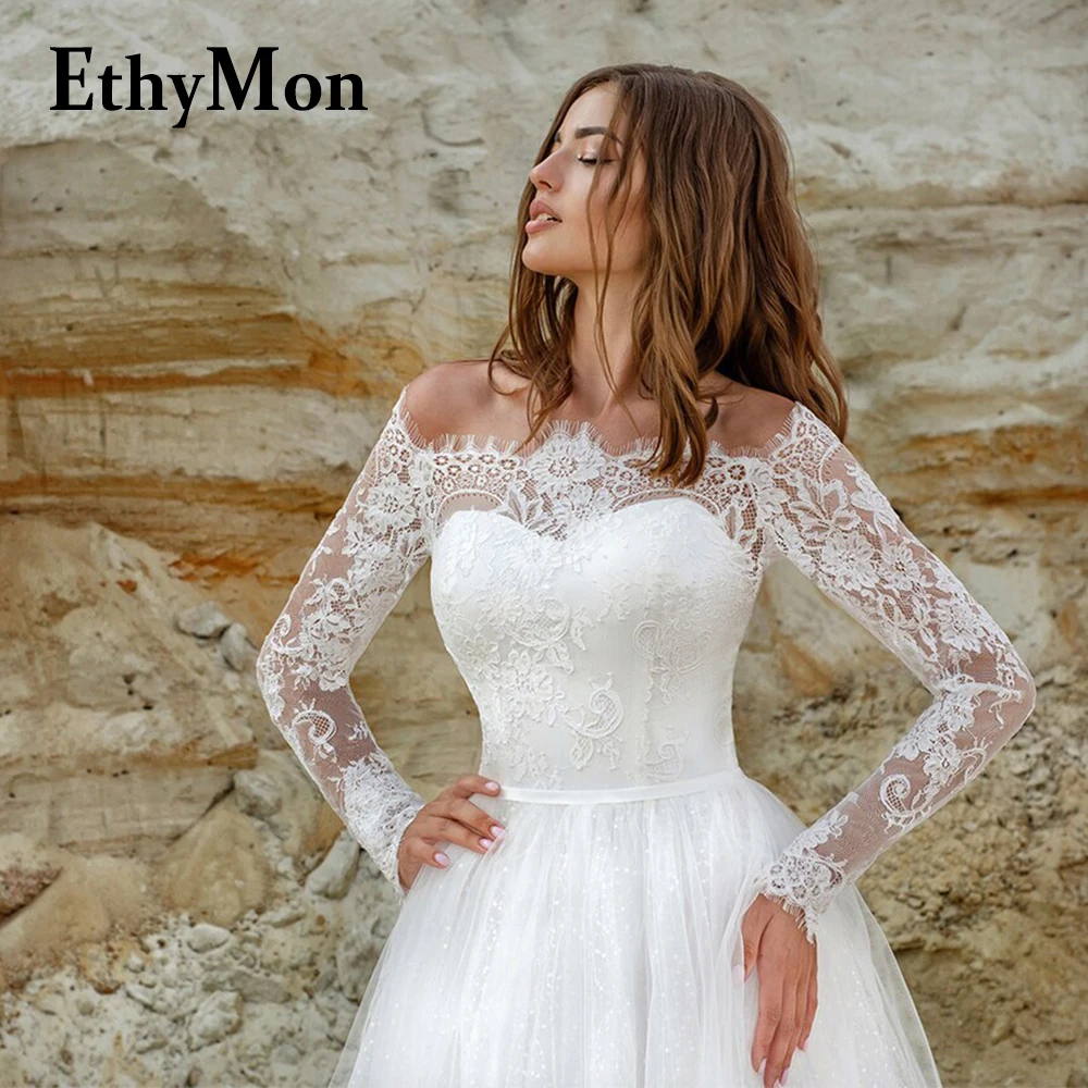 

Ethymon Glitter Off The Shoulder Button Tulle Wedding Gown For Bride Made to Order Floral Print Pleat Robe De Soirée De Mariage
